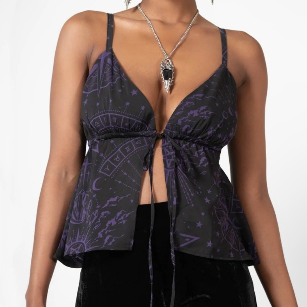KILLSTAR Pendant Astrological Print Chiffon Tank Top Cami Blouse Black Purple S